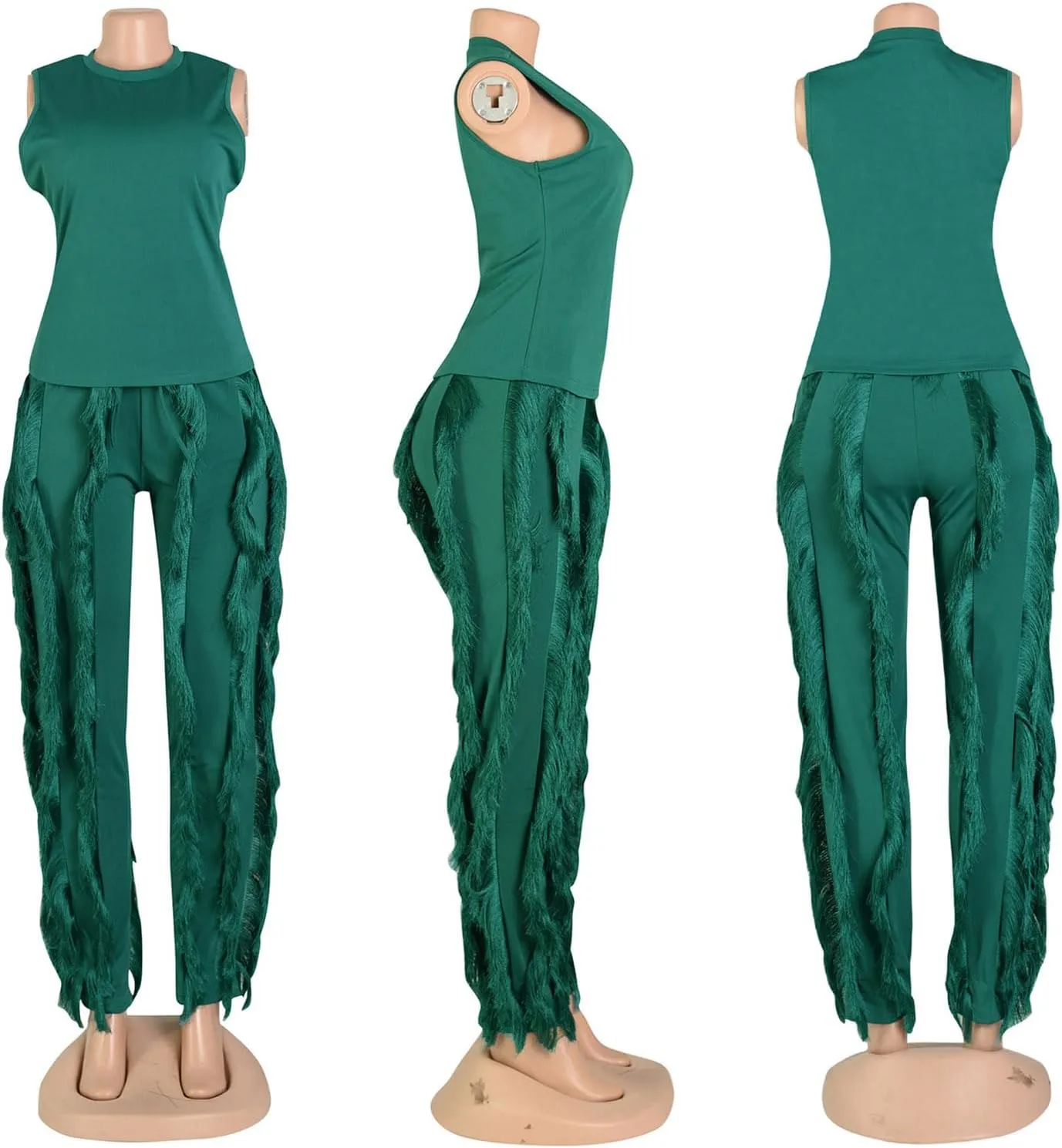 Remxi Women 2 Piece Outfits Sexy Sleeveless Sweatshirt Tassel Fringe Pants Sweatsuit Set Going Out Birthday Party Jumpsuit