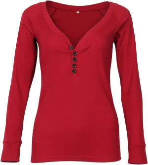 Roselux Women's Long Sleeve Fitted T-Shirts V Neck Knit Ribbed Henley Shirt Tops