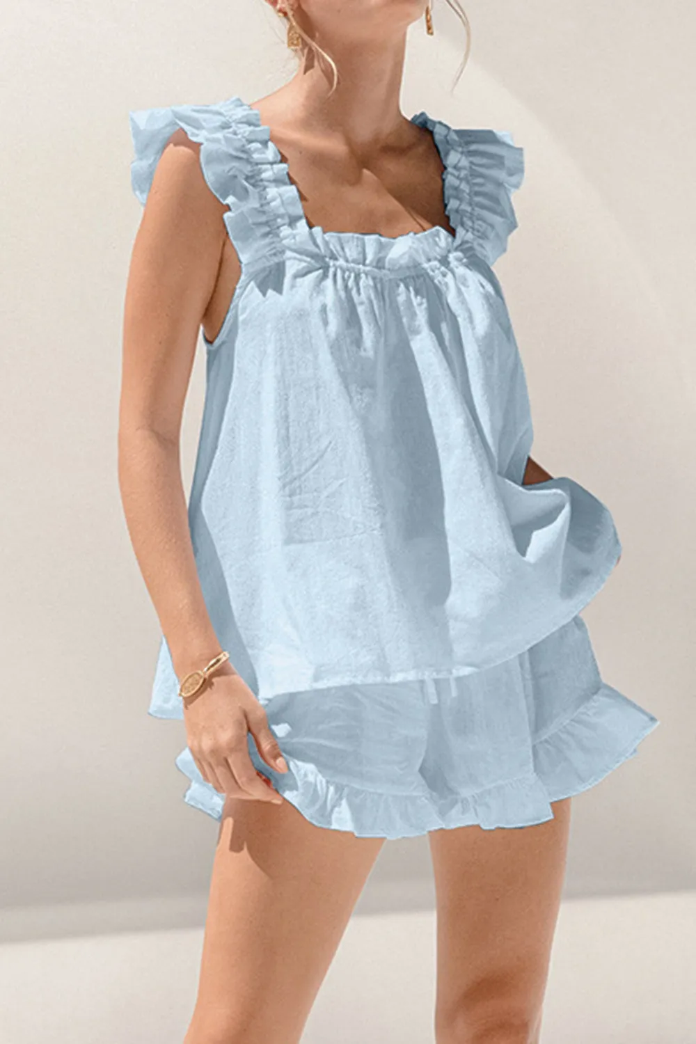 Ruffle Tank Top and Shorts Set Women's Fashion Two Piece Outfit Set Cotton Luxury Fashion