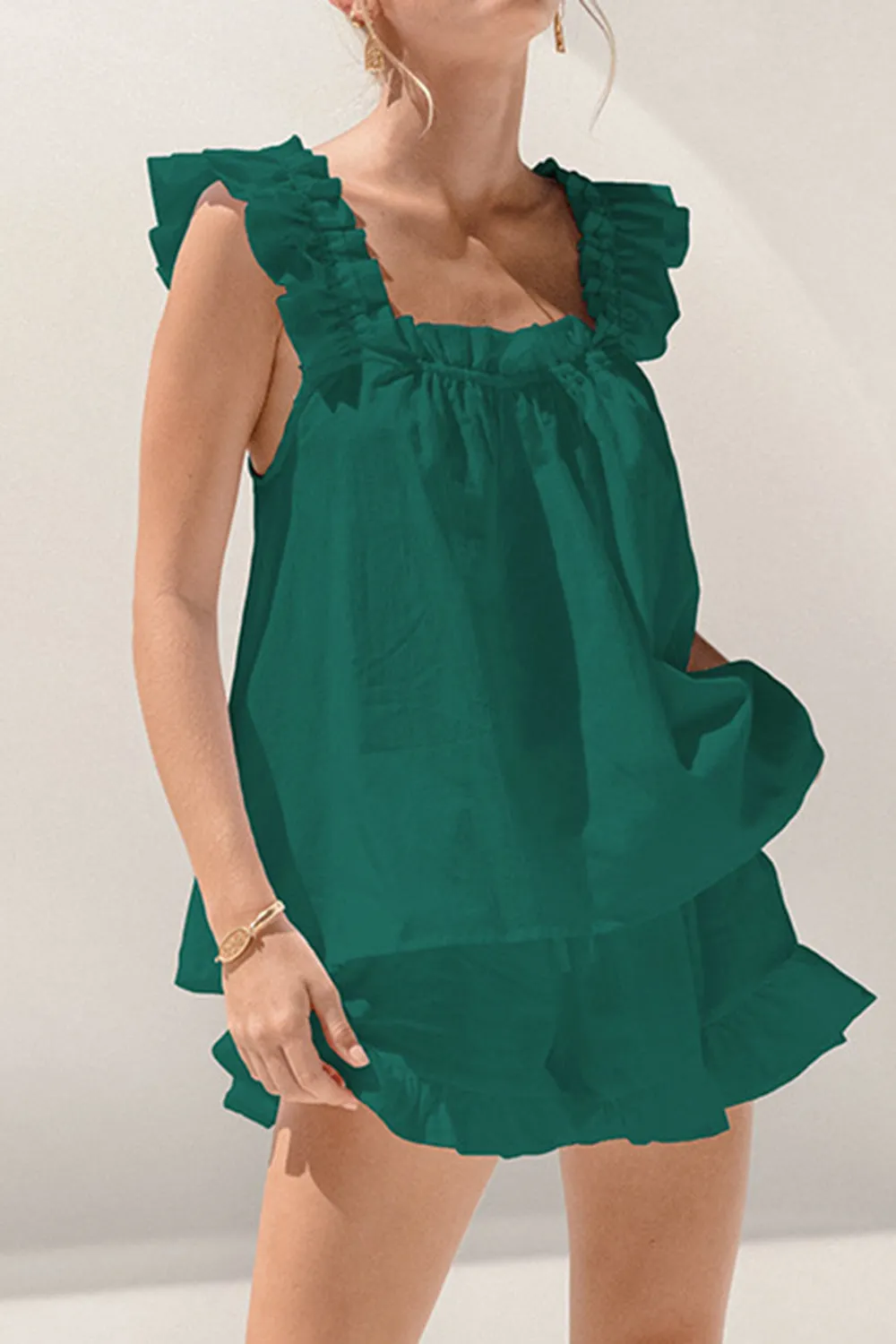 Ruffle Tank Top and Shorts Set Women's Fashion Two Piece Outfit Set Cotton Luxury Fashion