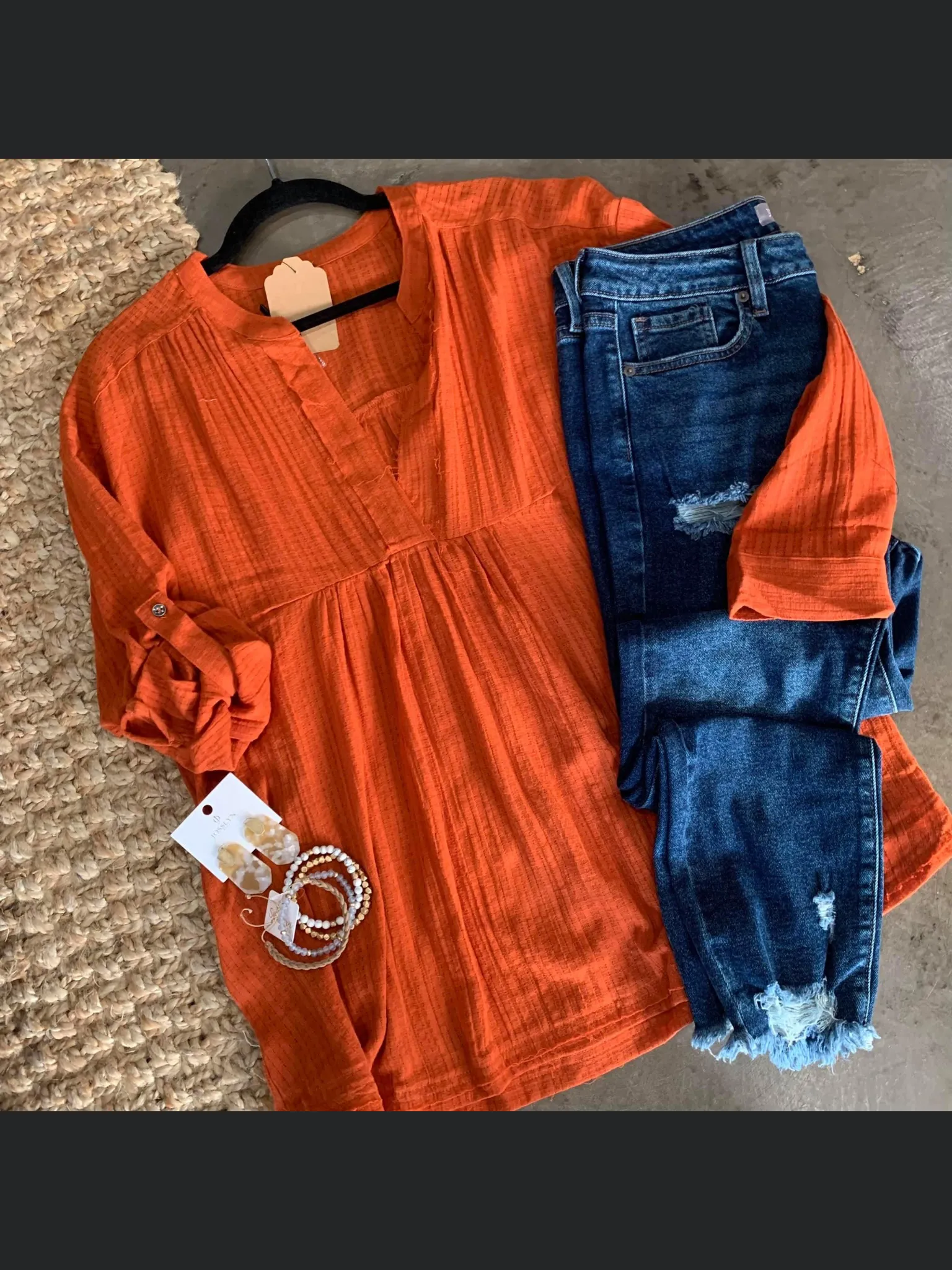 Rust woven v neck top