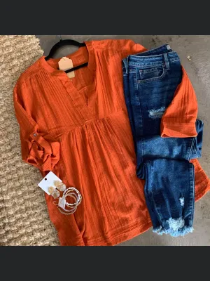 Rust woven v neck top