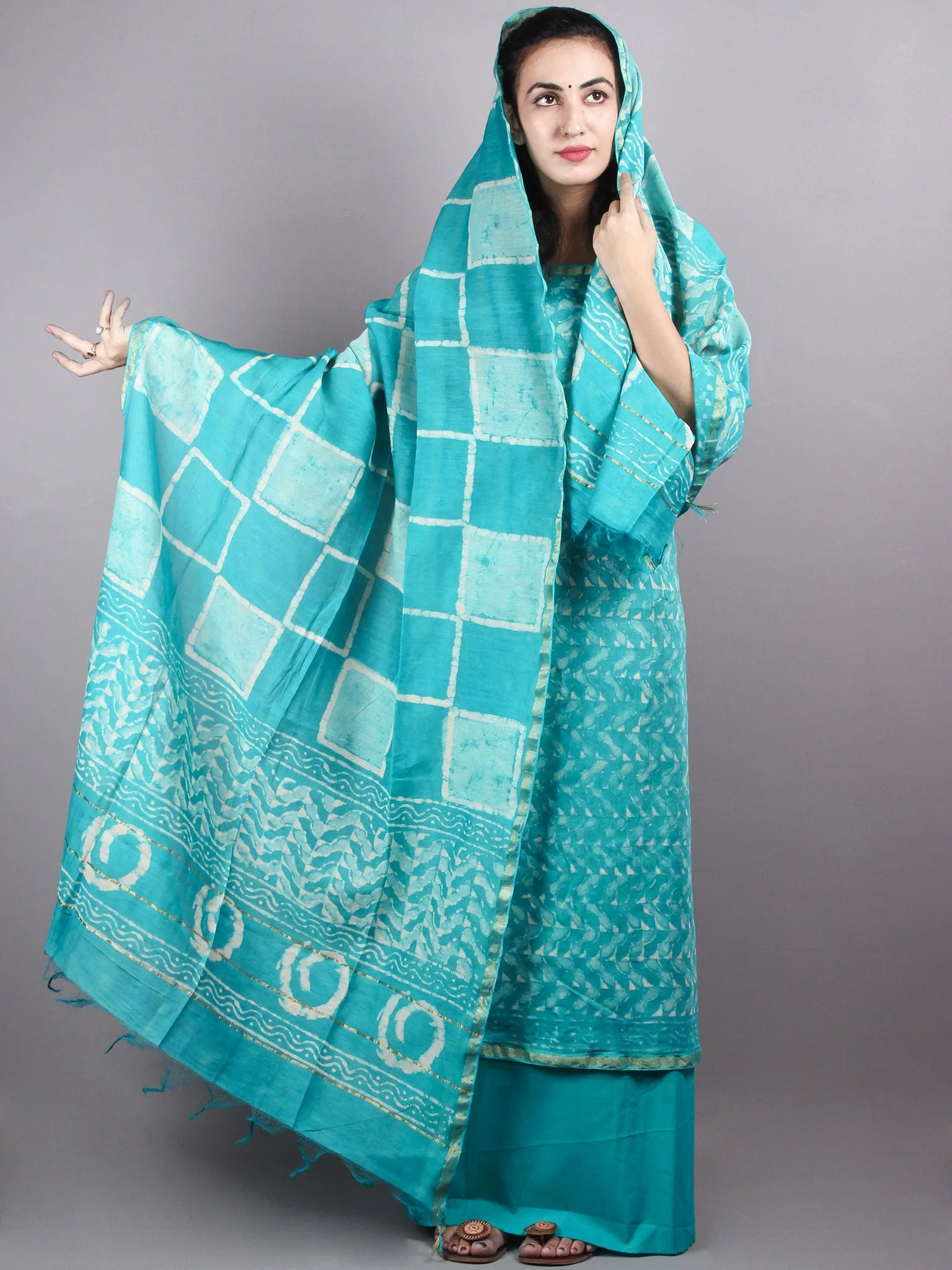 Sea Green White Hand Block Printed Chanderi Unstitched Kurta & Chanderi Dupatta With Cotton Salwar - S1628010