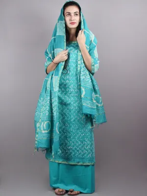 Sea Green White Hand Block Printed Chanderi Unstitched Kurta & Chanderi Dupatta With Cotton Salwar - S1628010