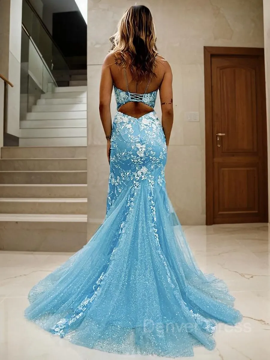 Sheath Spaghetti Straps Sweep Train Lace Prom Dresses With Leg Slit