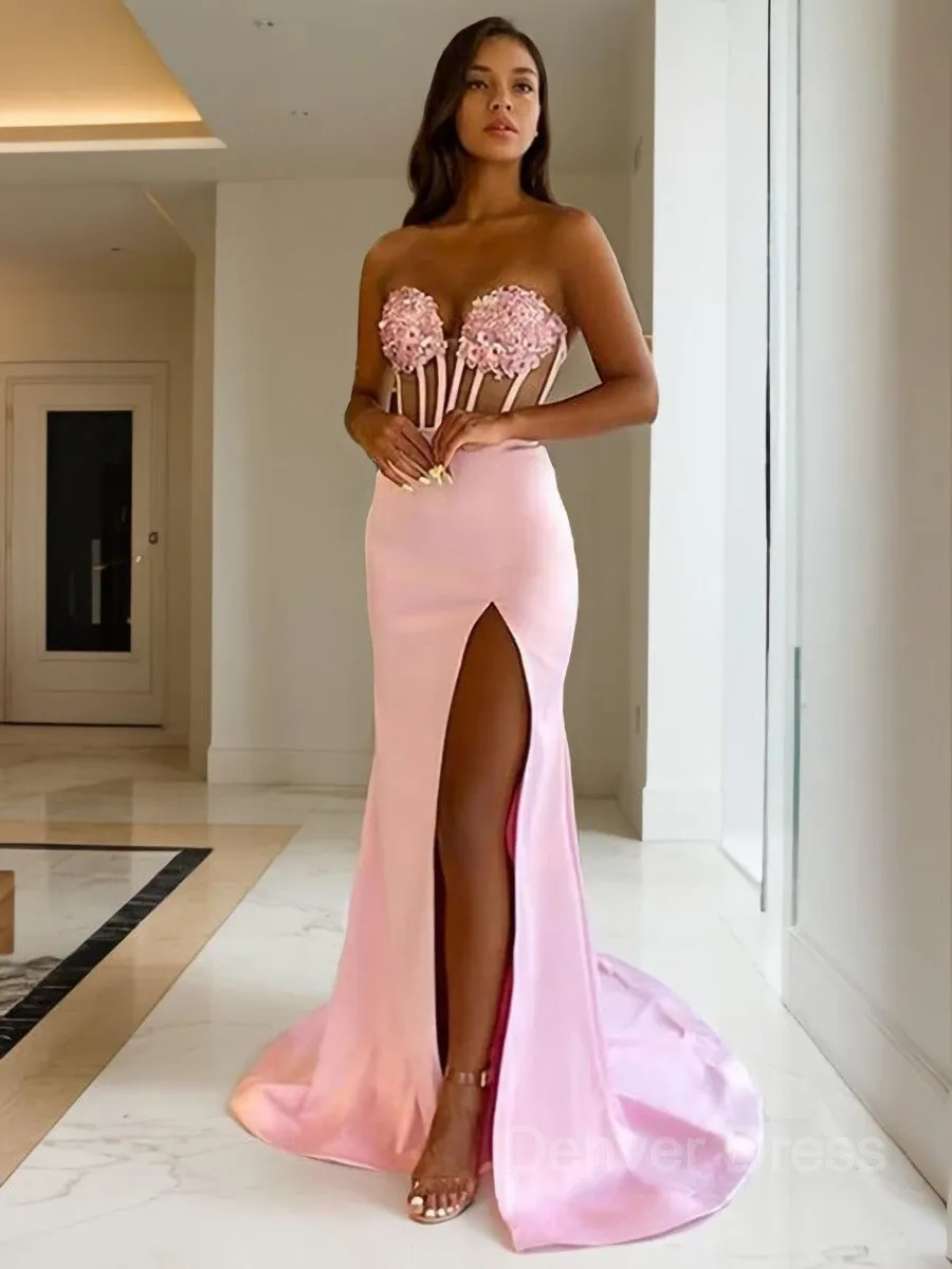Sheath Sweetheart Sweep Train Elastic Woven Satin Prom Dresses With Leg Slit