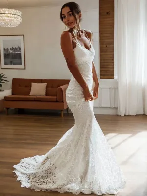 Sheath V-neck Court Train Lace Wedding Dresses
