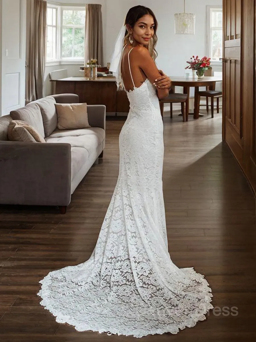 Sheath V-neck Court Train Lace Wedding Dresses