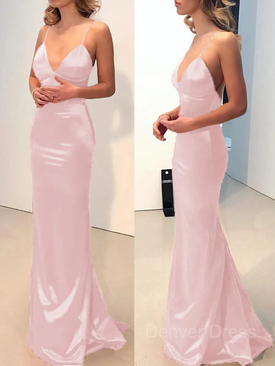 Sheath V-neck Sweep Train Elastic Woven Satin Prom Dresses