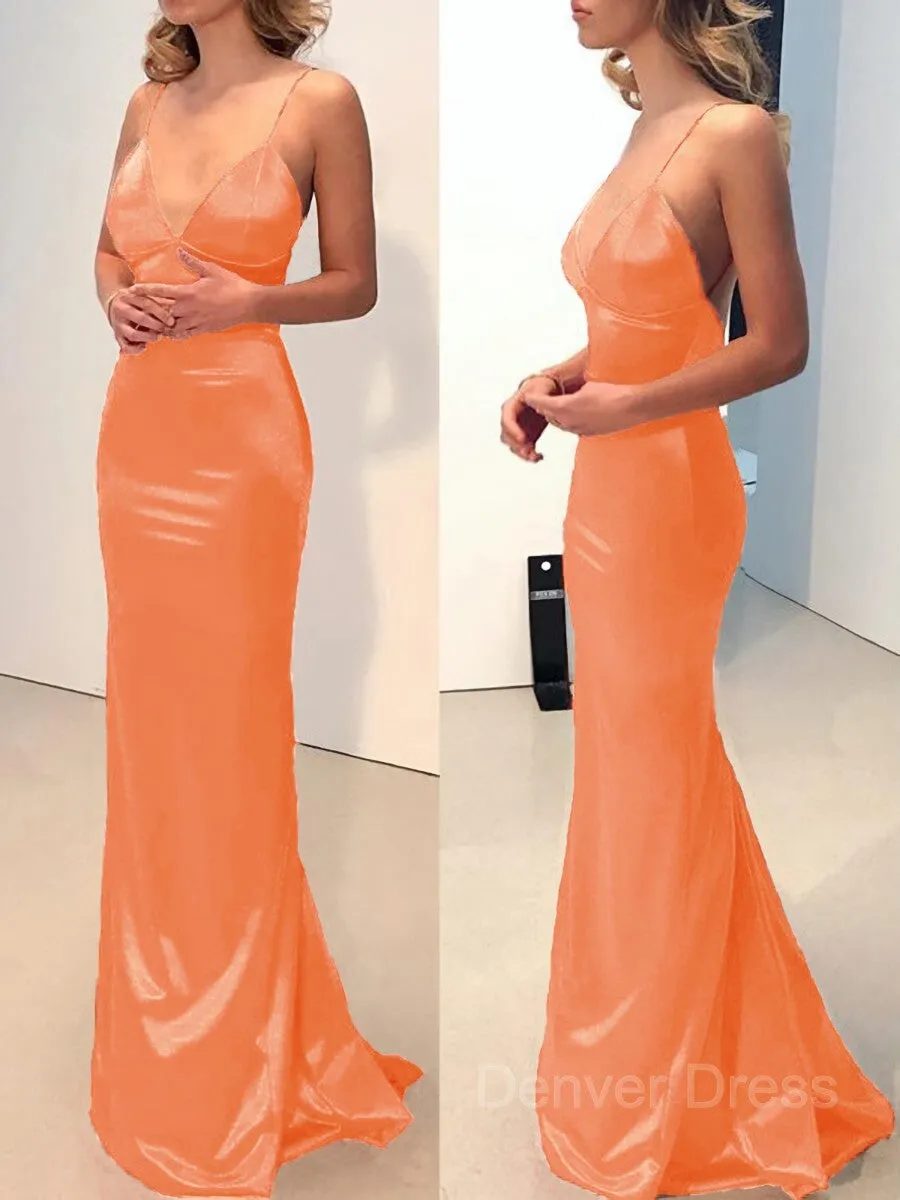 Sheath V-neck Sweep Train Elastic Woven Satin Prom Dresses