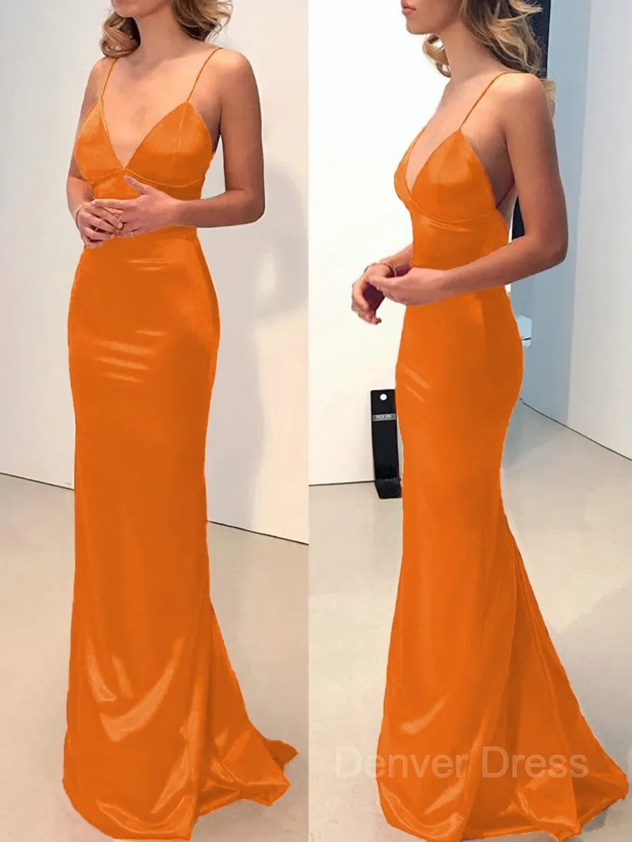 Sheath V-neck Sweep Train Elastic Woven Satin Prom Dresses