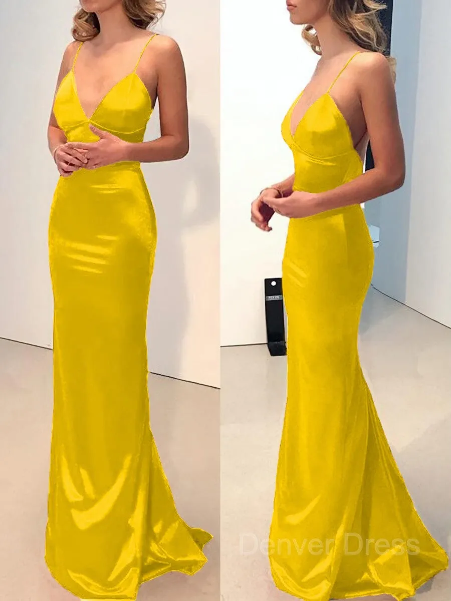 Sheath V-neck Sweep Train Elastic Woven Satin Prom Dresses