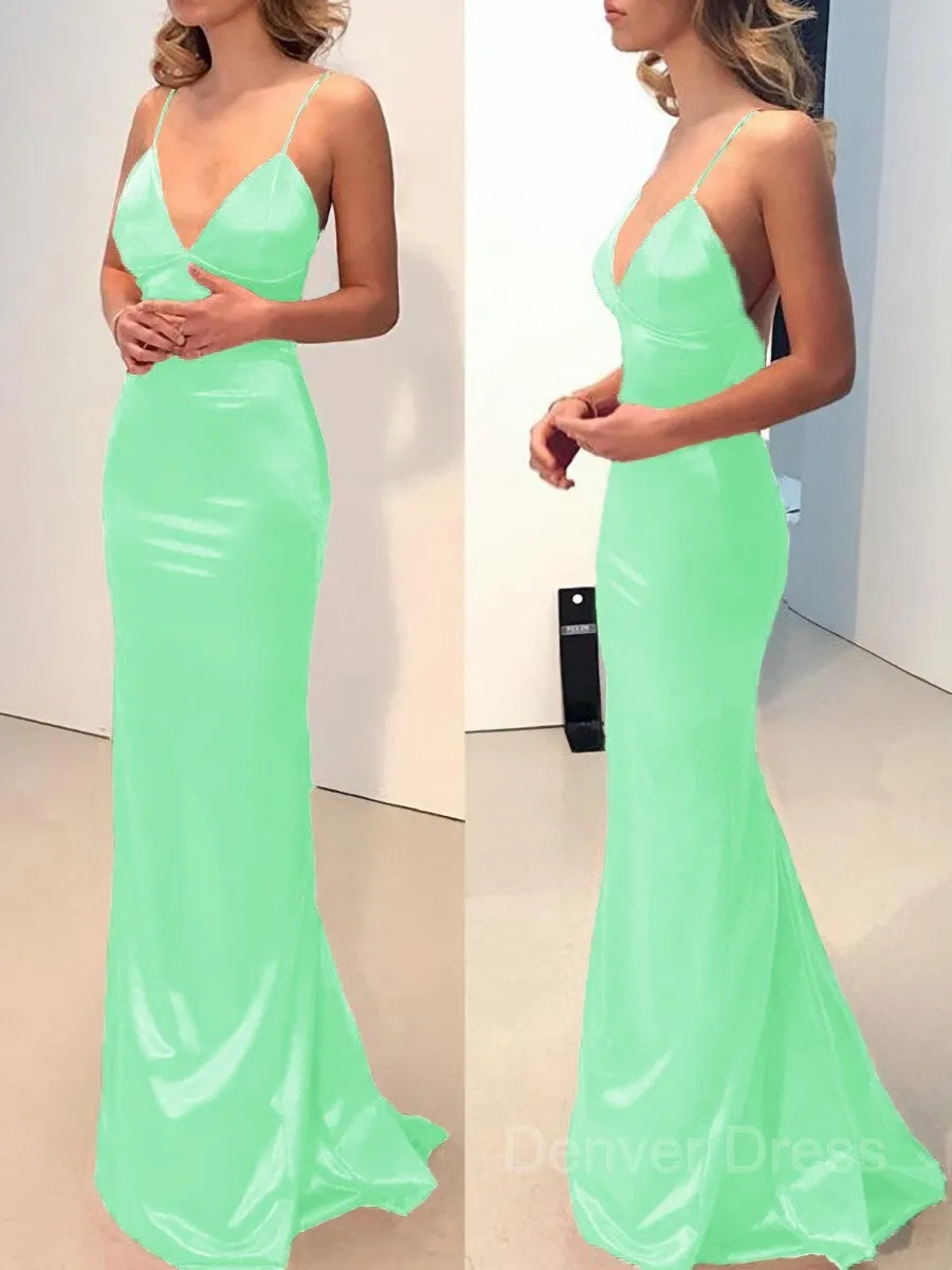 Sheath V-neck Sweep Train Elastic Woven Satin Prom Dresses