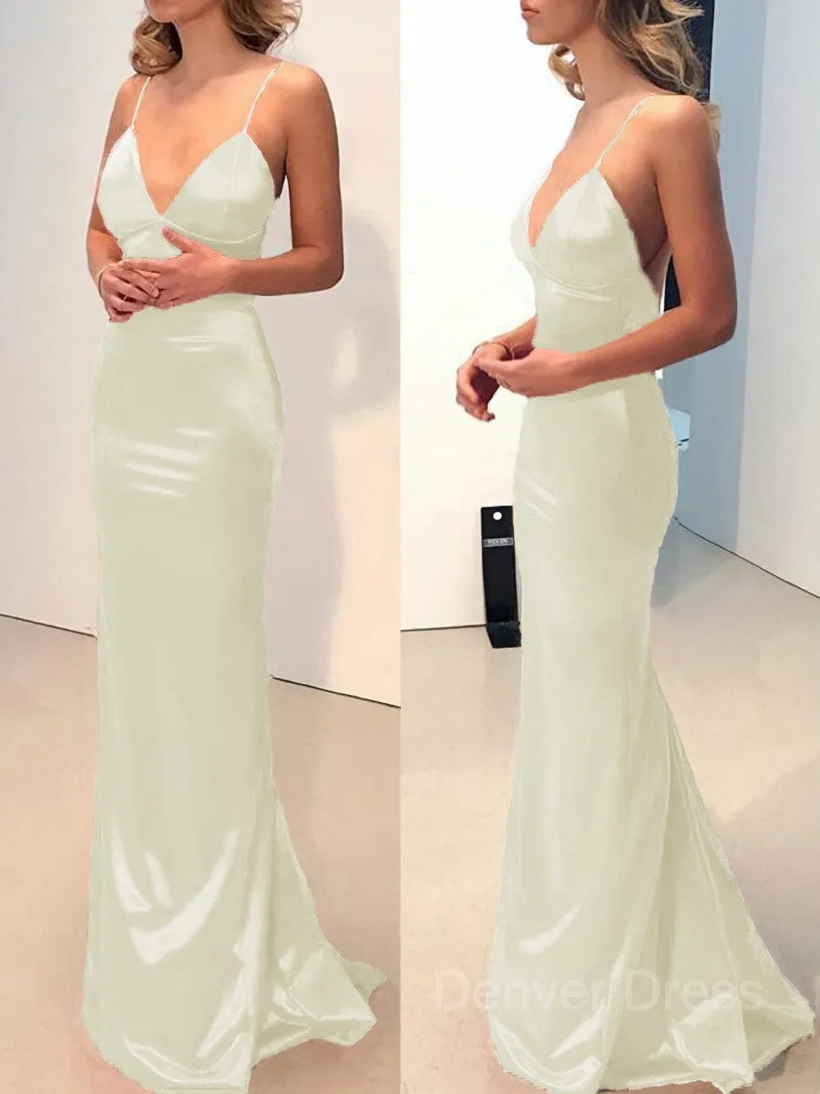 Sheath V-neck Sweep Train Elastic Woven Satin Prom Dresses