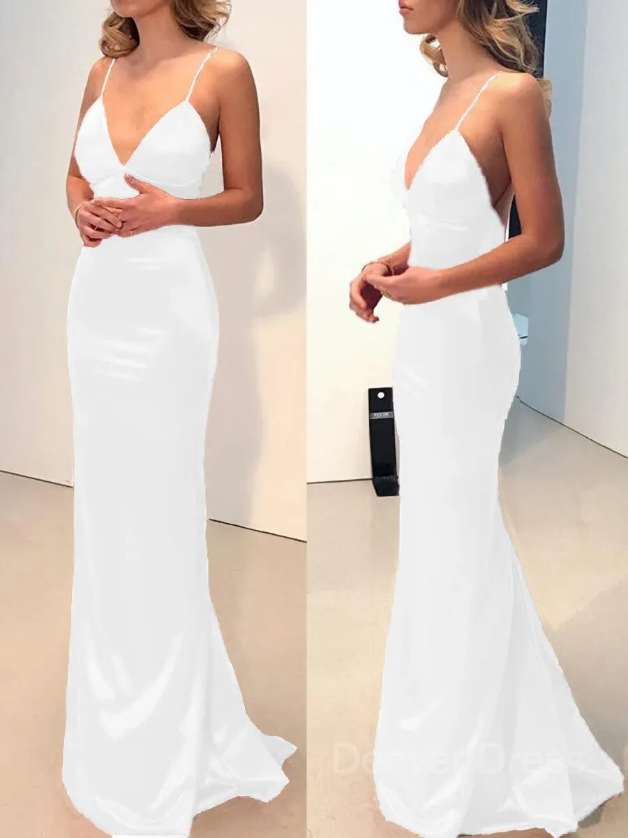 Sheath V-neck Sweep Train Elastic Woven Satin Prom Dresses