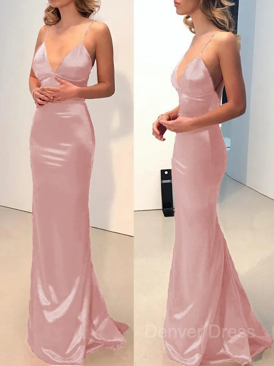 Sheath V-neck Sweep Train Elastic Woven Satin Prom Dresses