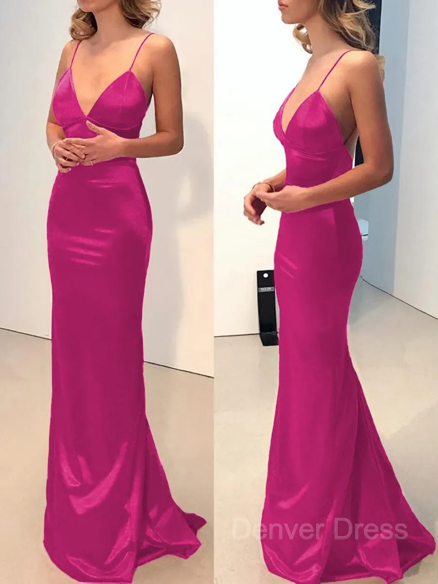 Sheath V-neck Sweep Train Elastic Woven Satin Prom Dresses