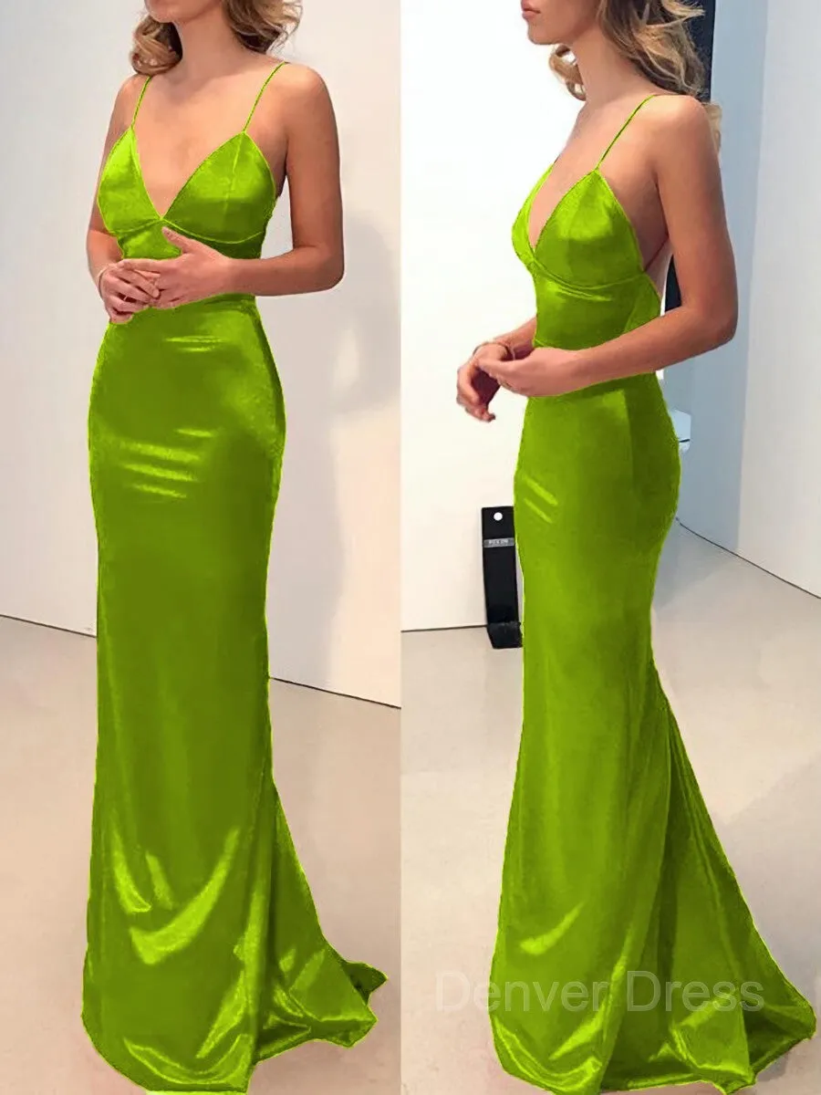 Sheath V-neck Sweep Train Elastic Woven Satin Prom Dresses