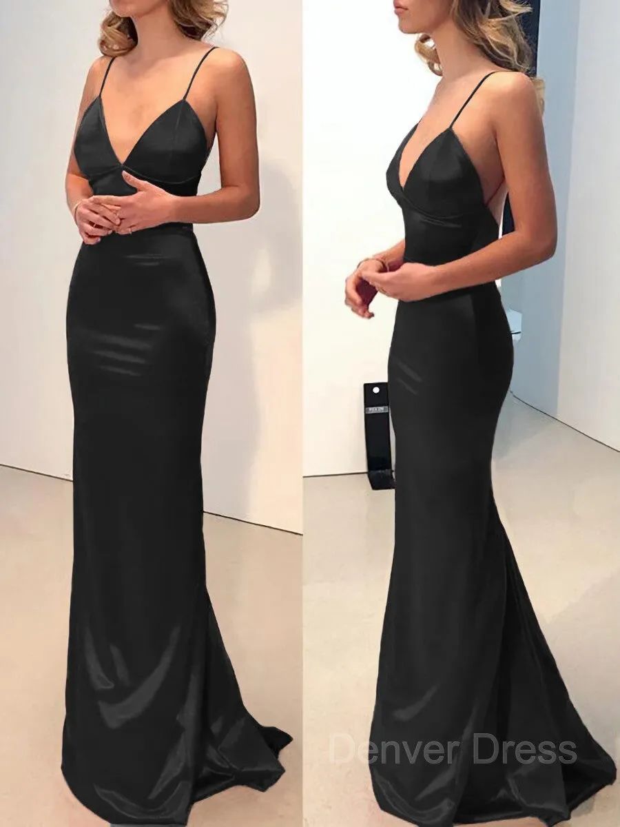 Sheath V-neck Sweep Train Elastic Woven Satin Prom Dresses