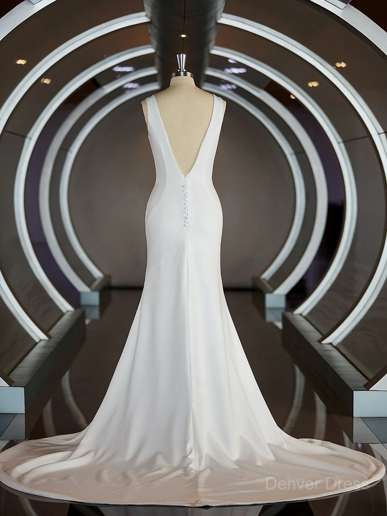 Sheath V-neck Sweep Train Stretch Crepe Wedding Dresses with Ruffles