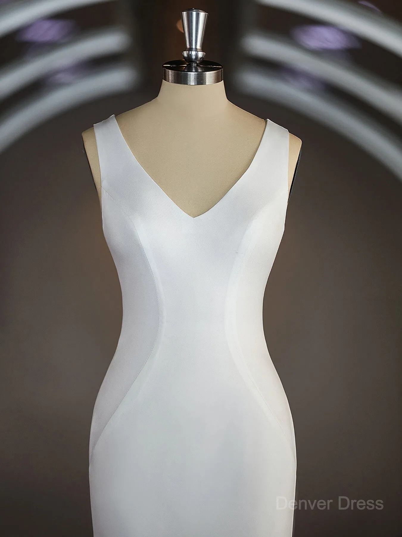 Sheath V-neck Sweep Train Stretch Crepe Wedding Dresses with Ruffles