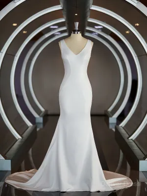 Sheath V-neck Sweep Train Stretch Crepe Wedding Dresses with Ruffles