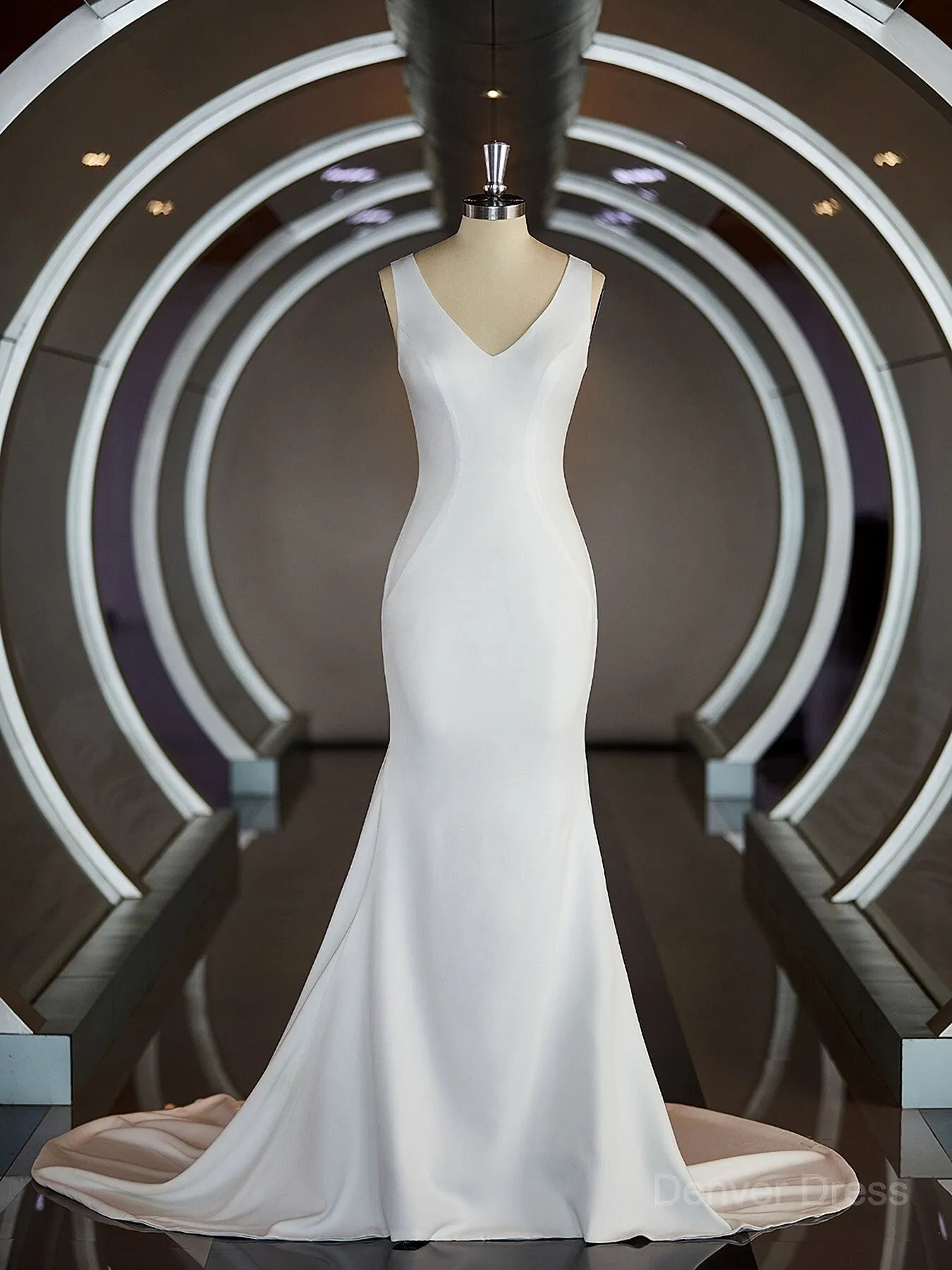Sheath V-neck Sweep Train Stretch Crepe Wedding Dresses with Ruffles