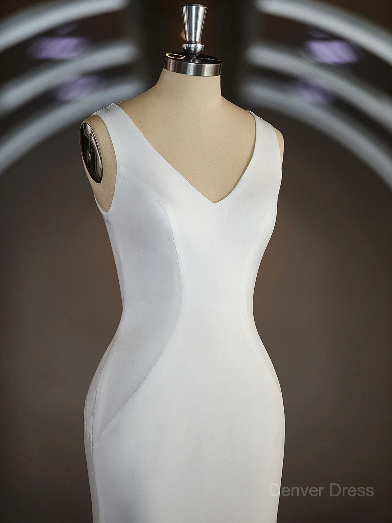 Sheath V-neck Sweep Train Stretch Crepe Wedding Dresses with Ruffles