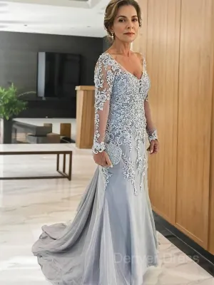 Sheath V-neck Sweep Train Tulle Mother of the Bride Dresses With Appliques Lace