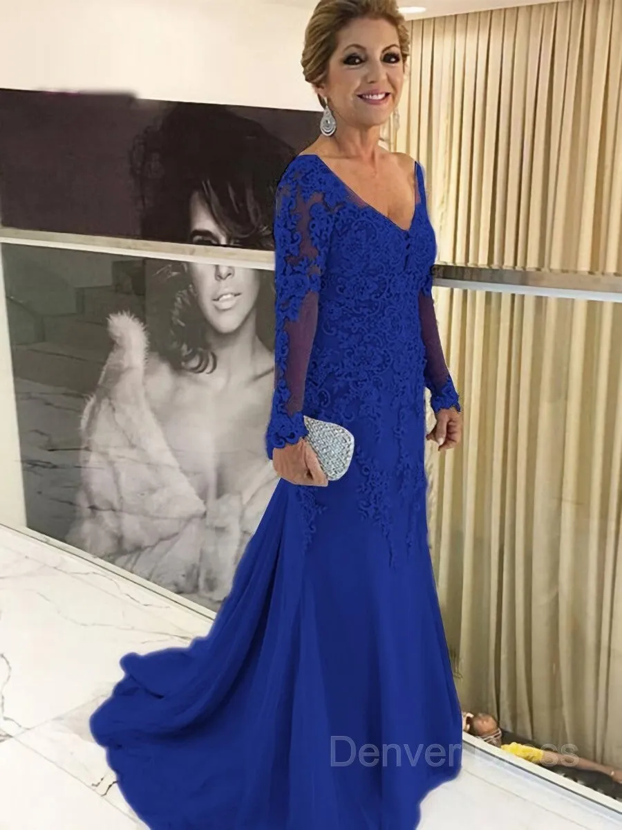 Sheath V-neck Sweep Train Tulle Mother of the Bride Dresses With Appliques Lace