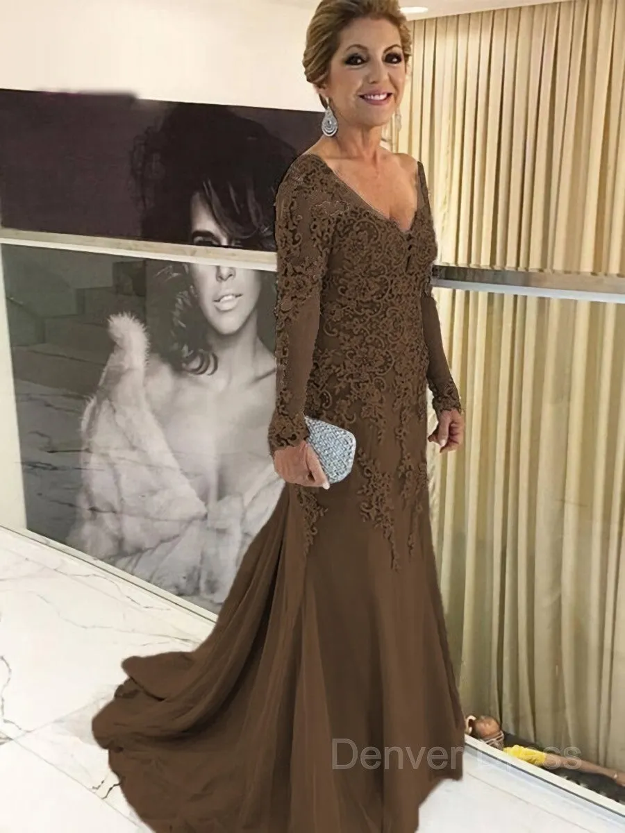 Sheath V-neck Sweep Train Tulle Mother of the Bride Dresses With Appliques Lace