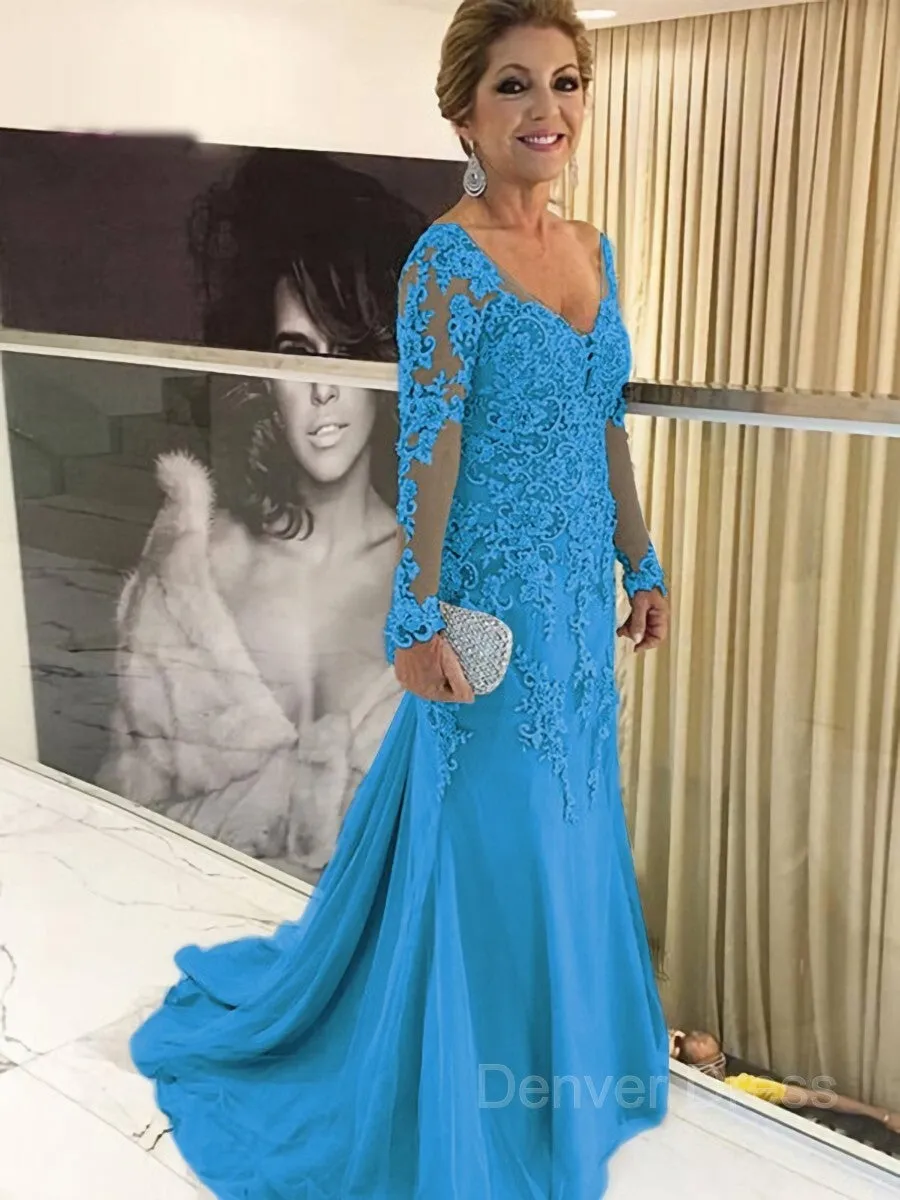 Sheath V-neck Sweep Train Tulle Mother of the Bride Dresses With Appliques Lace