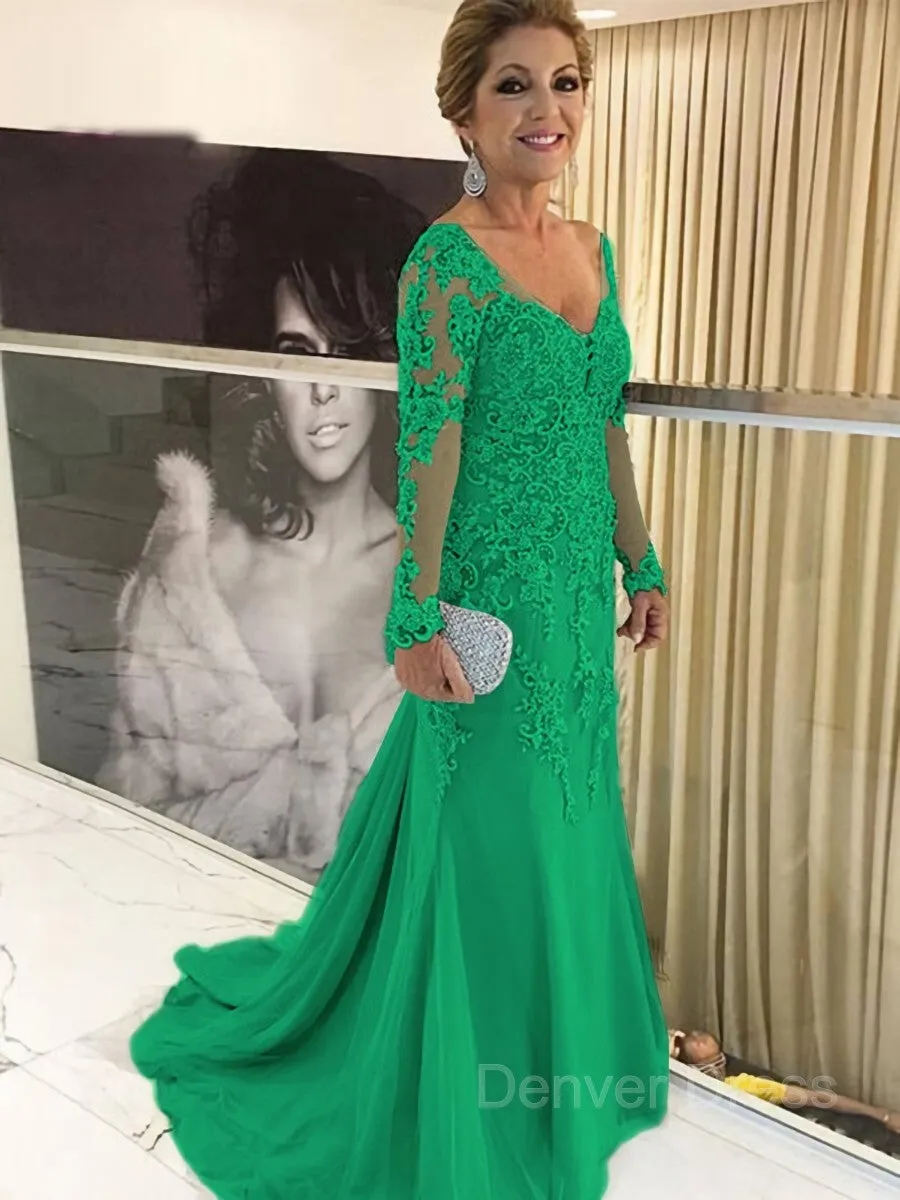 Sheath V-neck Sweep Train Tulle Mother of the Bride Dresses With Appliques Lace