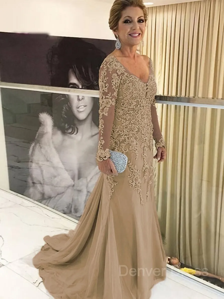 Sheath V-neck Sweep Train Tulle Mother of the Bride Dresses With Appliques Lace