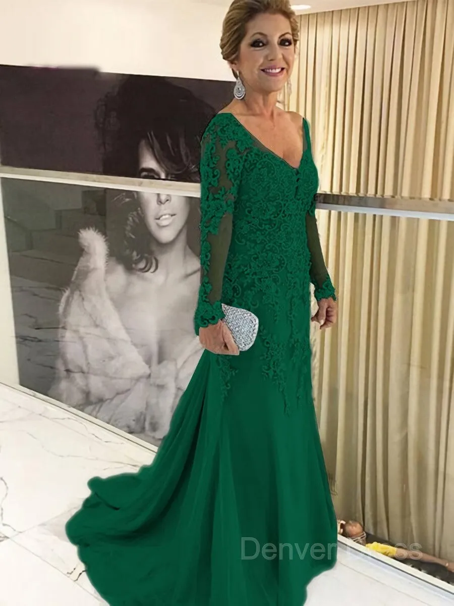 Sheath V-neck Sweep Train Tulle Mother of the Bride Dresses With Appliques Lace
