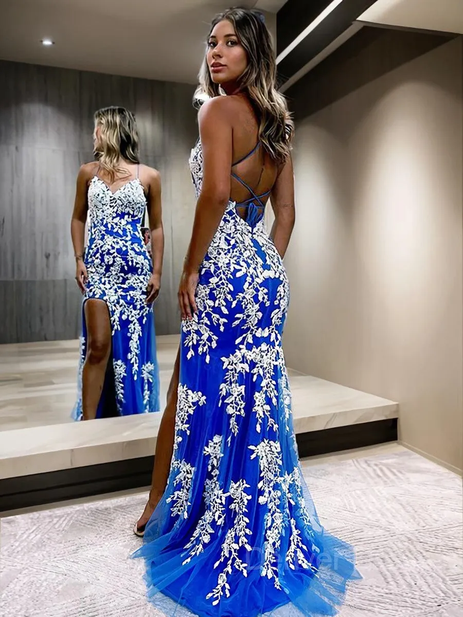 Sheath V-neck Sweep Train Tulle Prom Dresses With Leg Slit
