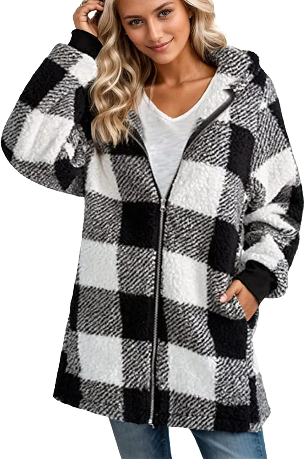 Sherpa Jacket Women Plus Size Plaid Fuzzy Oversized Zip Up Hoodie Casual Long Winter Coats with Pockets Fleece Jacket
