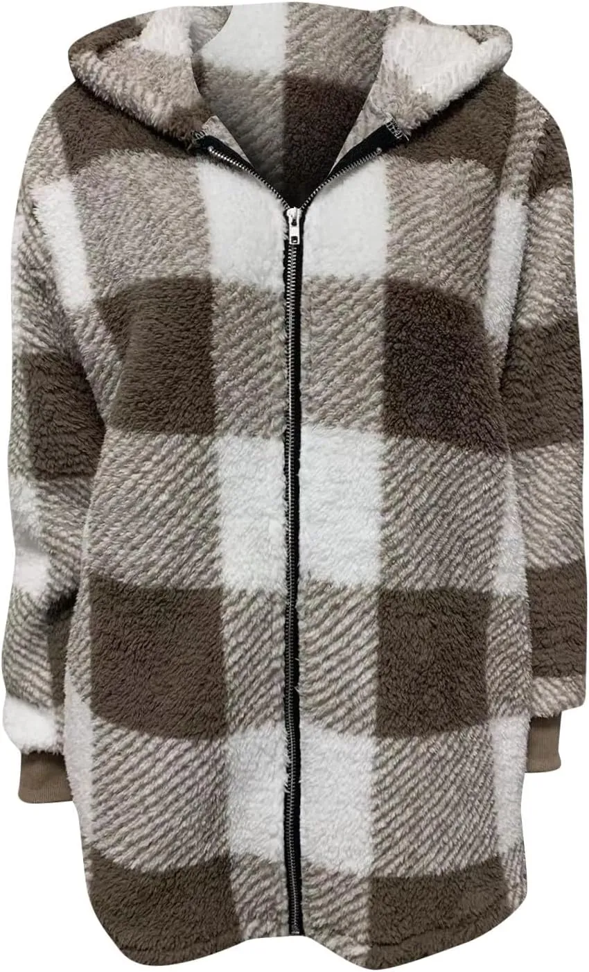 Sherpa Jacket Women Plus Size Plaid Fuzzy Oversized Zip Up Hoodie Casual Long Winter Coats with Pockets Fleece Jacket