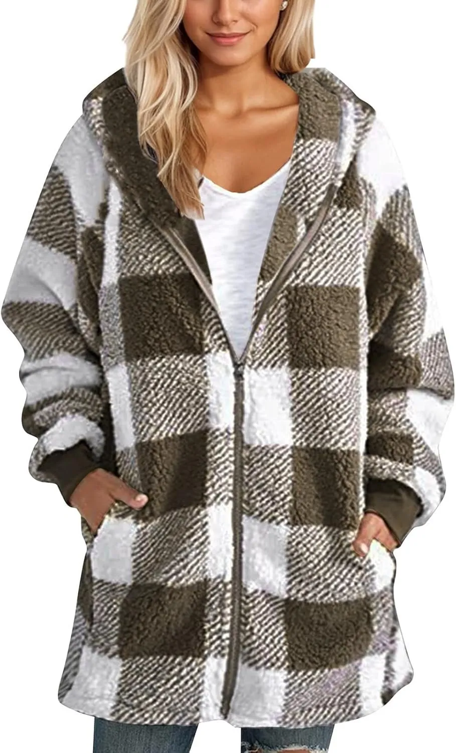 Sherpa Jacket Women Plus Size Plaid Fuzzy Oversized Zip Up Hoodie Casual Long Winter Coats with Pockets Fleece Jacket