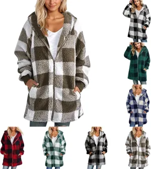 Sherpa Jacket Women Plus Size Plaid Fuzzy Oversized Zip Up Hoodie Casual Long Winter Coats with Pockets Fleece Jacket