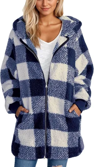 Sherpa Jacket Women Plus Size Plaid Fuzzy Oversized Zip Up Hoodie Casual Long Winter Coats with Pockets Fleece Jacket