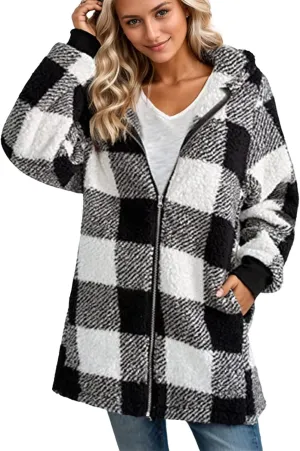 Sherpa Jacket Women Plus Size Plaid Fuzzy Oversized Zip Up Hoodie Casual Long Winter Coats with Pockets Fleece Jacket