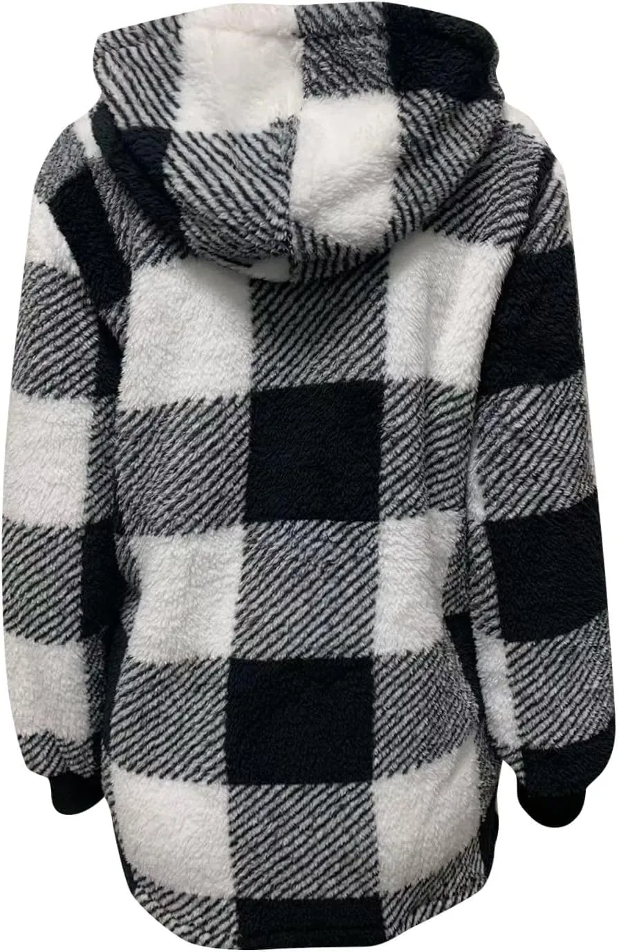 Sherpa Jacket Women Plus Size Plaid Fuzzy Oversized Zip Up Hoodie Casual Long Winter Coats with Pockets Fleece Jacket