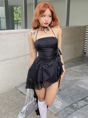 Sleeveless Halter A-Line Ruffle Cap Swing Top Pleated Tube Hem Neck Strapless Outfit