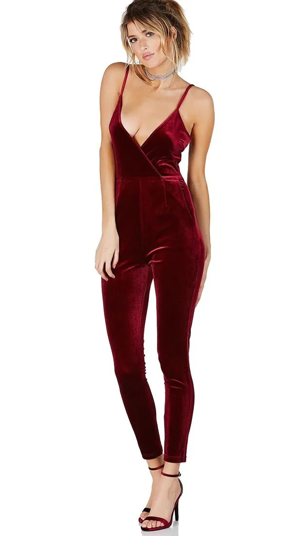 Socialite Velour Jumpsuit Burgundy