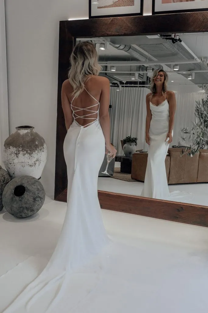 Spaghetti Straps Sheath Wedding Dress Vintage Satin Bridal Gown