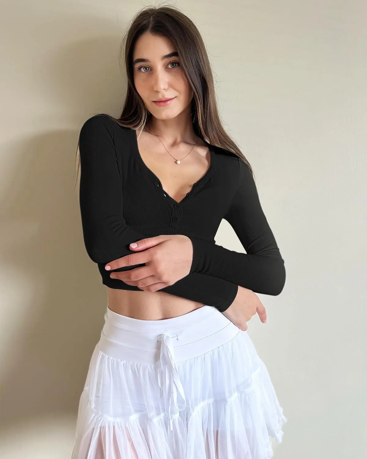 Stelle Henley Shirts for Women Long Sleeve Crop Top Ribbed Knit Button Slim Fitted Tops Casual Basic Blouse