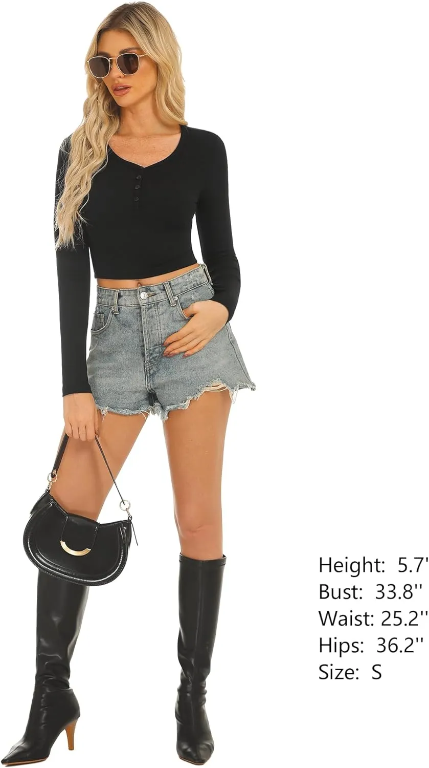 Stelle Henley Shirts for Women Long Sleeve Crop Top Ribbed Knit Button Slim Fitted Tops Casual Basic Blouse