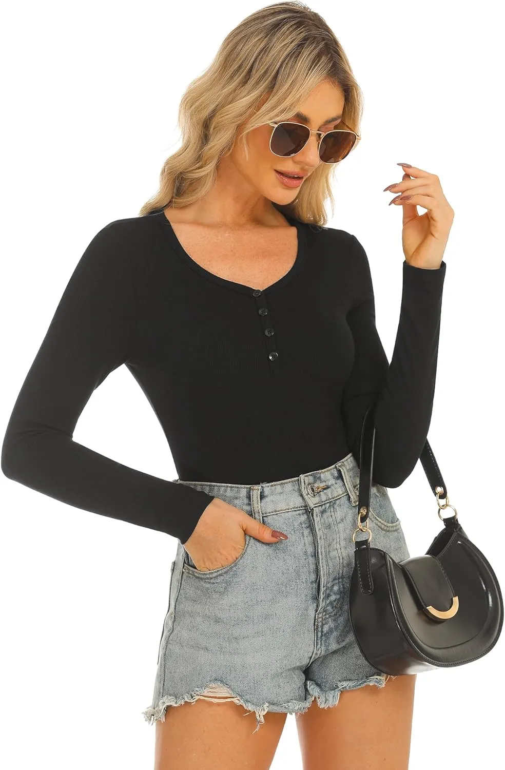 Stelle Henley Shirts for Women Long Sleeve Crop Top Ribbed Knit Button Slim Fitted Tops Casual Basic Blouse