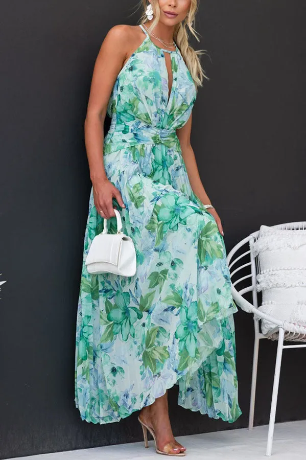 Summer Women's Neck Hanging Sleeveless V-Neck Printed Large Swing Long Dress Dress